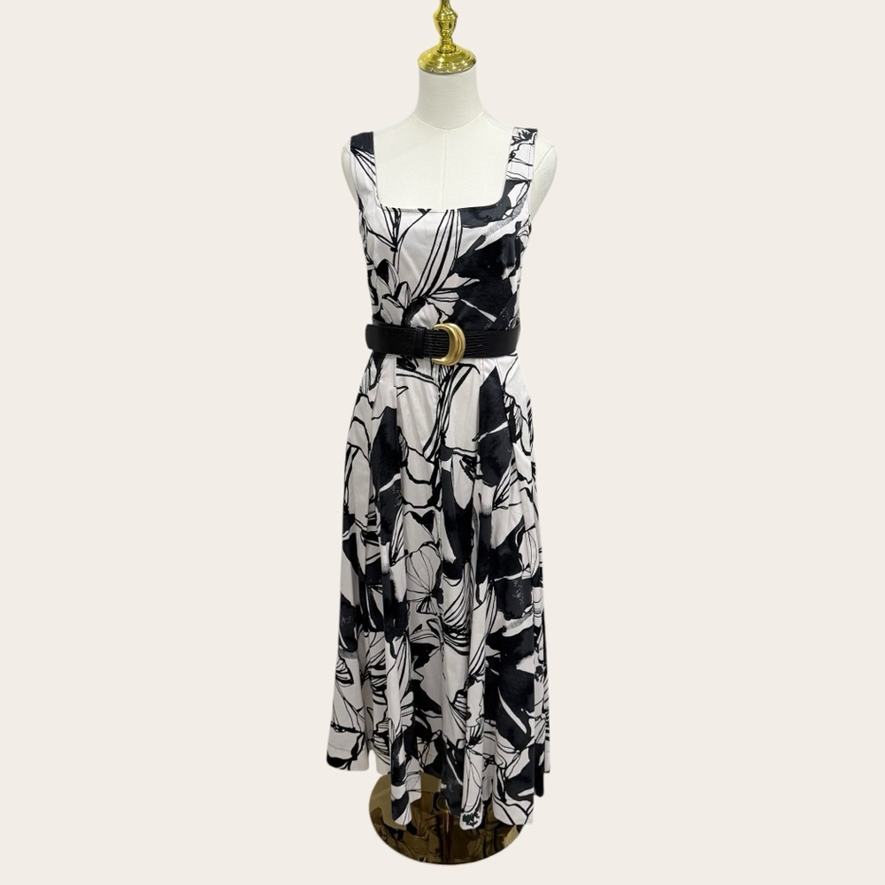 Donna Karan Floral Square Neck Belted Sateen Cotton Midi Dress Black/Pristine - Picture 3 of 16